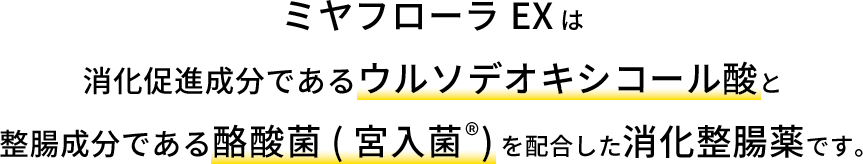 ミヤフローラEXは消化促進成分であるウルソデオキシコール酸と整腸成分である酪酸菌(宮入菌®)を配合した消化整腸薬です。