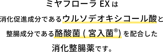 ミヤフローラEXは消化促進成分であるウルソデオキシコール酸と整腸成分である酪酸菌(宮入菌®)を配合した消化整腸薬です。