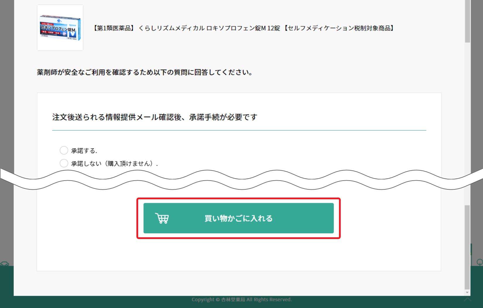 問診に回答して再度「買い物かごに入れる」をクリック